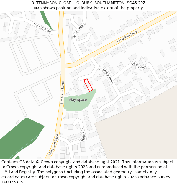 3, TENNYSON CLOSE, HOLBURY, SOUTHAMPTON, SO45 2PZ: Location map and indicative extent of plot