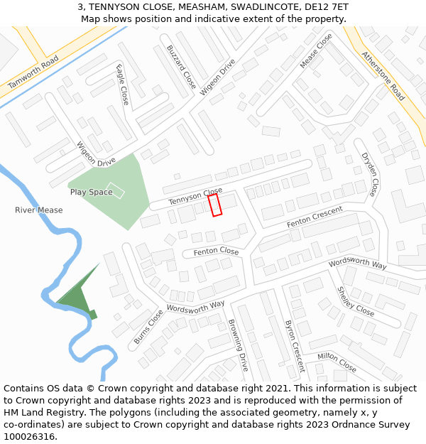 3, TENNYSON CLOSE, MEASHAM, SWADLINCOTE, DE12 7ET: Location map and indicative extent of plot