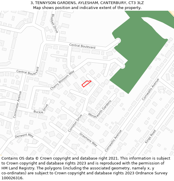 3, TENNYSON GARDENS, AYLESHAM, CANTERBURY, CT3 3LZ: Location map and indicative extent of plot