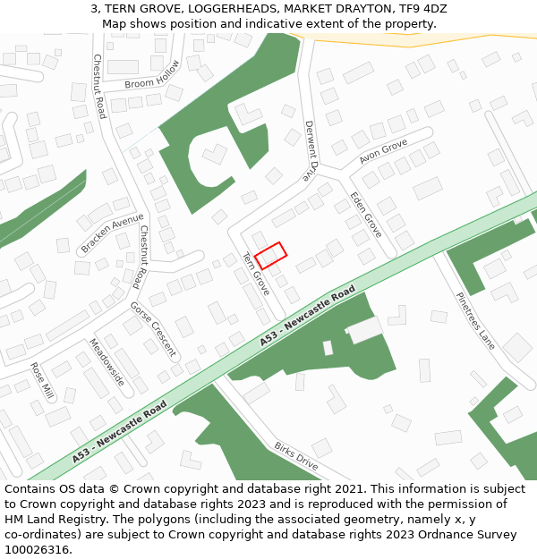 3, TERN GROVE, LOGGERHEADS, MARKET DRAYTON, TF9 4DZ: Location map and indicative extent of plot