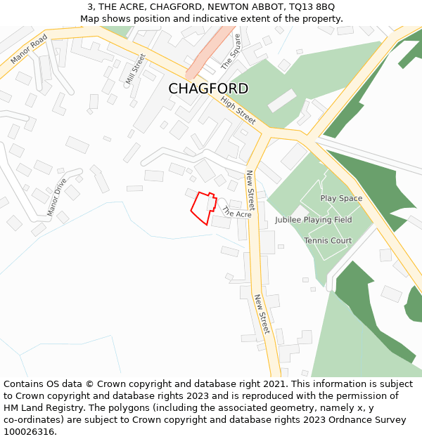 3, THE ACRE, CHAGFORD, NEWTON ABBOT, TQ13 8BQ: Location map and indicative extent of plot