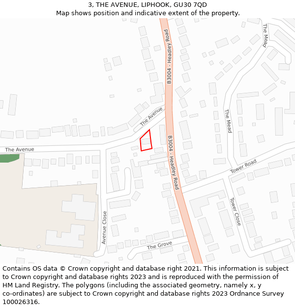 3, THE AVENUE, LIPHOOK, GU30 7QD: Location map and indicative extent of plot