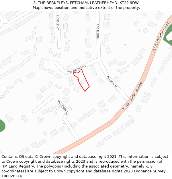 3, THE BERKELEYS, FETCHAM, LEATHERHEAD, KT22 9DW: Location map and indicative extent of plot