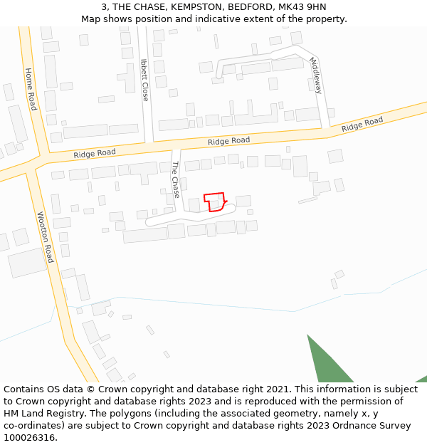 3, THE CHASE, KEMPSTON, BEDFORD, MK43 9HN: Location map and indicative extent of plot