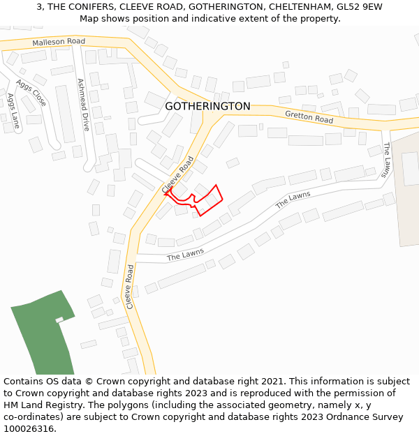 3, THE CONIFERS, CLEEVE ROAD, GOTHERINGTON, CHELTENHAM, GL52 9EW: Location map and indicative extent of plot