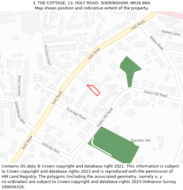 3, THE COTTAGE, 13, HOLT ROAD, SHERINGHAM, NR26 8NA: Location map and indicative extent of plot