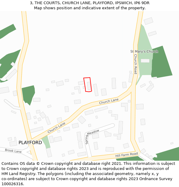 3, THE COURTS, CHURCH LANE, PLAYFORD, IPSWICH, IP6 9DR: Location map and indicative extent of plot