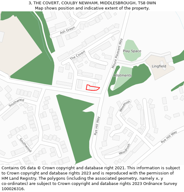 3, THE COVERT, COULBY NEWHAM, MIDDLESBROUGH, TS8 0WN: Location map and indicative extent of plot