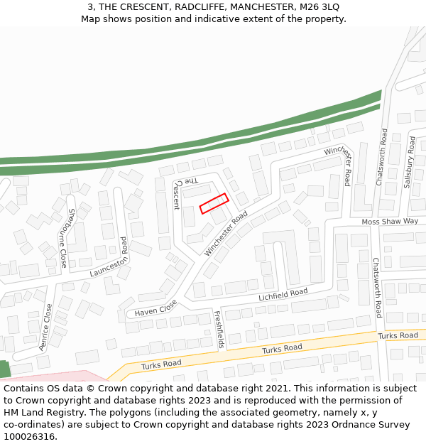 3, THE CRESCENT, RADCLIFFE, MANCHESTER, M26 3LQ: Location map and indicative extent of plot