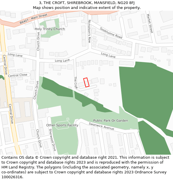 3, THE CROFT, SHIREBROOK, MANSFIELD, NG20 8FJ: Location map and indicative extent of plot