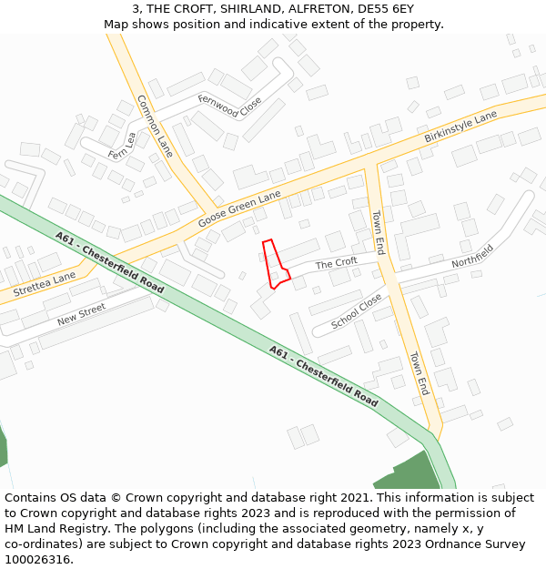 3, THE CROFT, SHIRLAND, ALFRETON, DE55 6EY: Location map and indicative extent of plot