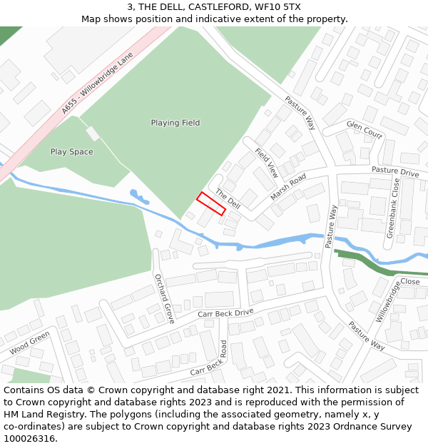 3, THE DELL, CASTLEFORD, WF10 5TX: Location map and indicative extent of plot