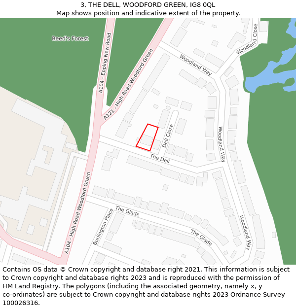 3, THE DELL, WOODFORD GREEN, IG8 0QL: Location map and indicative extent of plot
