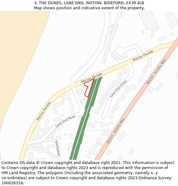 3, THE DUNES, LANE END, INSTOW, BIDEFORD, EX39 4LB: Location map and indicative extent of plot