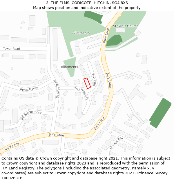 3, THE ELMS, CODICOTE, HITCHIN, SG4 8XS: Location map and indicative extent of plot