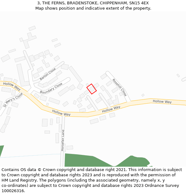 3, THE FERNS, BRADENSTOKE, CHIPPENHAM, SN15 4EX: Location map and indicative extent of plot