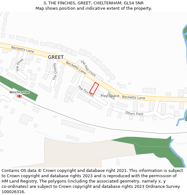 3, THE FINCHES, GREET, CHELTENHAM, GL54 5NR: Location map and indicative extent of plot