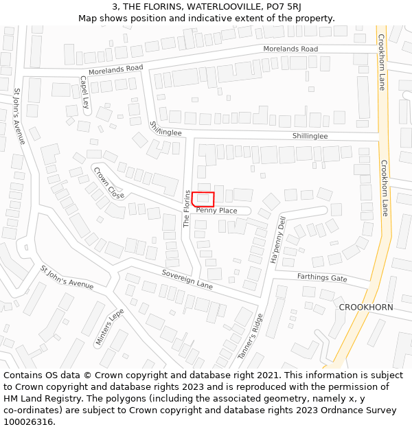 3, THE FLORINS, WATERLOOVILLE, PO7 5RJ: Location map and indicative extent of plot