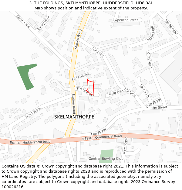 3, THE FOLDINGS, SKELMANTHORPE, HUDDERSFIELD, HD8 9AL: Location map and indicative extent of plot