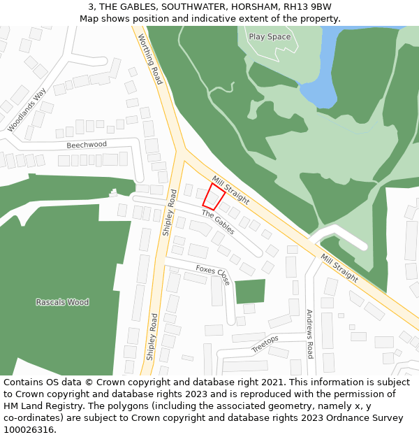 3, THE GABLES, SOUTHWATER, HORSHAM, RH13 9BW: Location map and indicative extent of plot