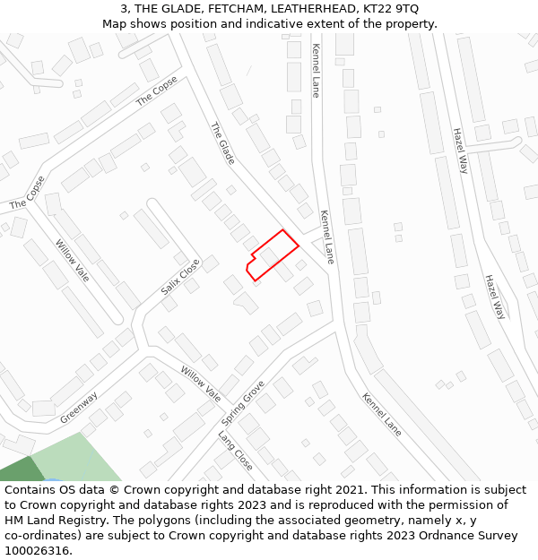3, THE GLADE, FETCHAM, LEATHERHEAD, KT22 9TQ: Location map and indicative extent of plot