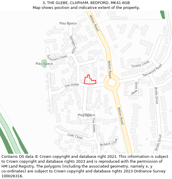 3, THE GLEBE, CLAPHAM, BEDFORD, MK41 6GB: Location map and indicative extent of plot