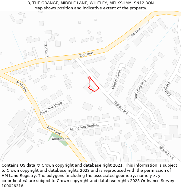 3, THE GRANGE, MIDDLE LANE, WHITLEY, MELKSHAM, SN12 8QN: Location map and indicative extent of plot