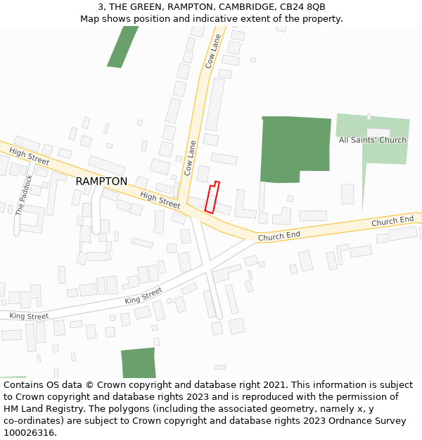 3, THE GREEN, RAMPTON, CAMBRIDGE, CB24 8QB: Location map and indicative extent of plot