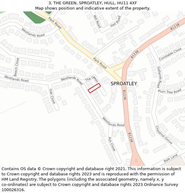 3, THE GREEN, SPROATLEY, HULL, HU11 4XF: Location map and indicative extent of plot