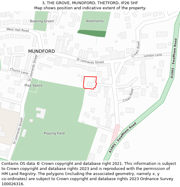 3, THE GROVE, MUNDFORD, THETFORD, IP26 5HF: Location map and indicative extent of plot