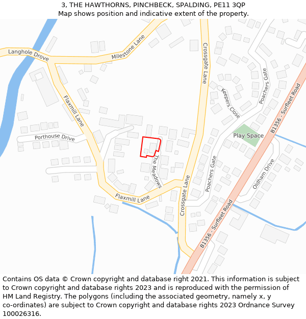 3, THE HAWTHORNS, PINCHBECK, SPALDING, PE11 3QP: Location map and indicative extent of plot