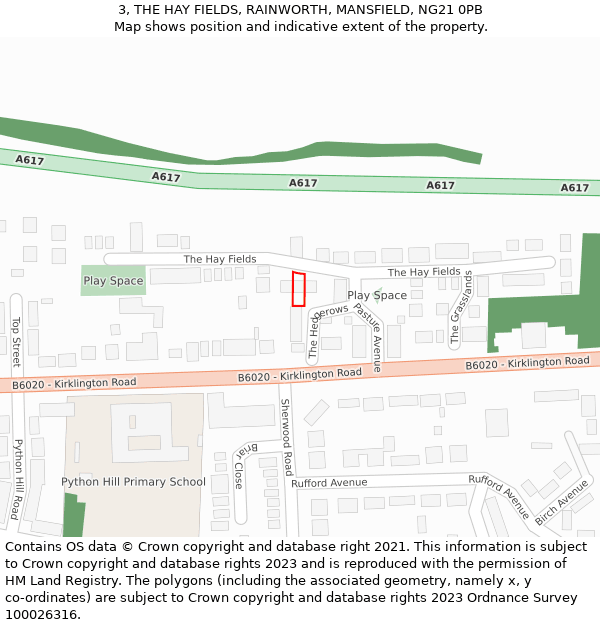 3, THE HAY FIELDS, RAINWORTH, MANSFIELD, NG21 0PB: Location map and indicative extent of plot