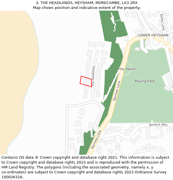 3, THE HEADLANDS, HEYSHAM, MORECAMBE, LA3 2RX: Location map and indicative extent of plot