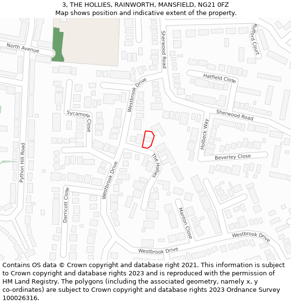 3, THE HOLLIES, RAINWORTH, MANSFIELD, NG21 0FZ: Location map and indicative extent of plot