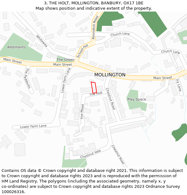 3, THE HOLT, MOLLINGTON, BANBURY, OX17 1BE: Location map and indicative extent of plot