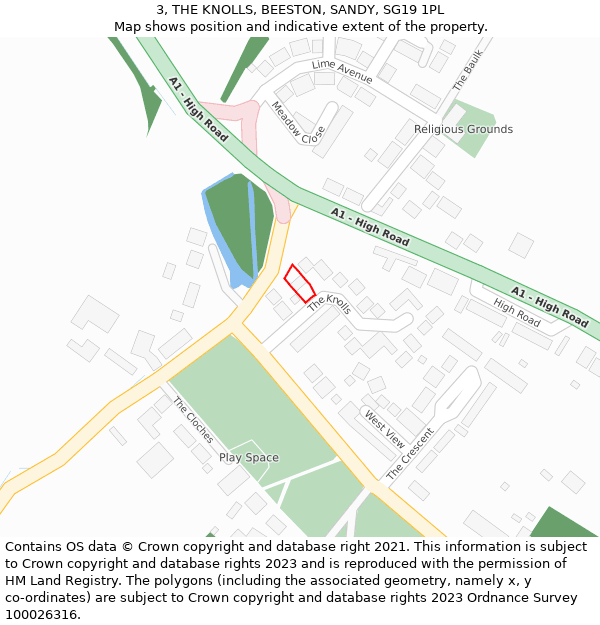 3, THE KNOLLS, BEESTON, SANDY, SG19 1PL: Location map and indicative extent of plot