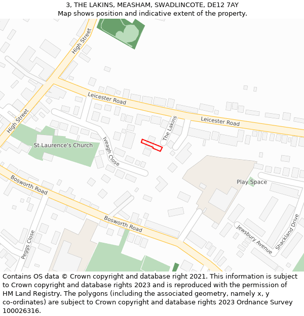 3, THE LAKINS, MEASHAM, SWADLINCOTE, DE12 7AY: Location map and indicative extent of plot