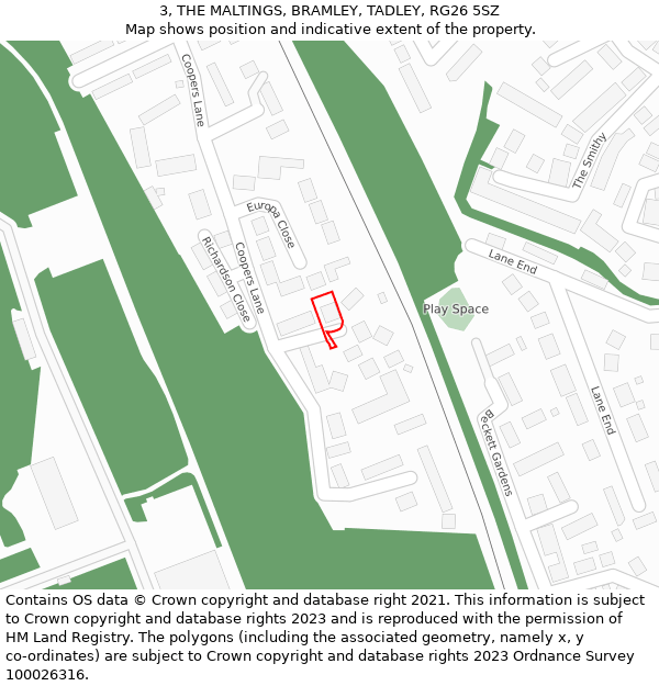 3, THE MALTINGS, BRAMLEY, TADLEY, RG26 5SZ: Location map and indicative extent of plot