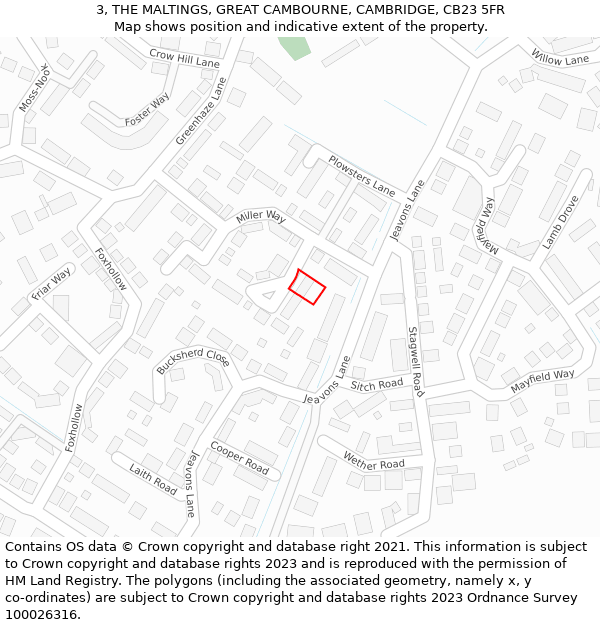 3, THE MALTINGS, GREAT CAMBOURNE, CAMBRIDGE, CB23 5FR: Location map and indicative extent of plot