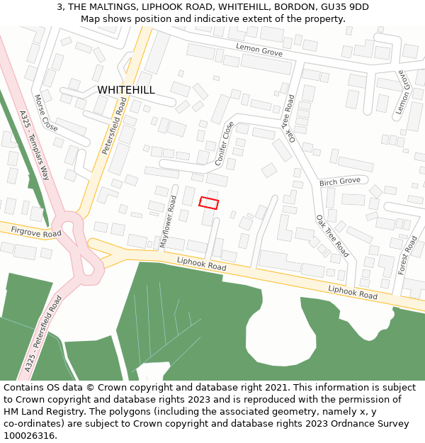 3, THE MALTINGS, LIPHOOK ROAD, WHITEHILL, BORDON, GU35 9DD: Location map and indicative extent of plot