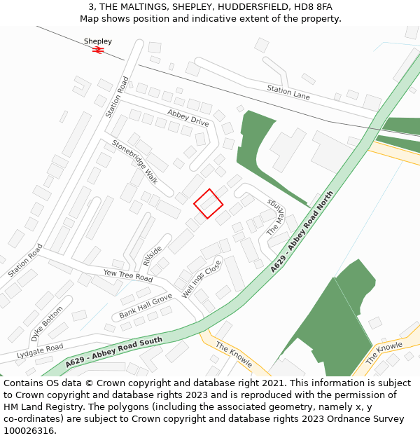 3, THE MALTINGS, SHEPLEY, HUDDERSFIELD, HD8 8FA: Location map and indicative extent of plot