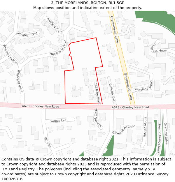 3, THE MORELANDS, BOLTON, BL1 5GP: Location map and indicative extent of plot