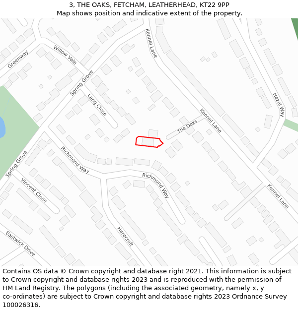 3, THE OAKS, FETCHAM, LEATHERHEAD, KT22 9PP: Location map and indicative extent of plot