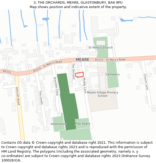 3, THE ORCHARDS, MEARE, GLASTONBURY, BA6 9PU: Location map and indicative extent of plot