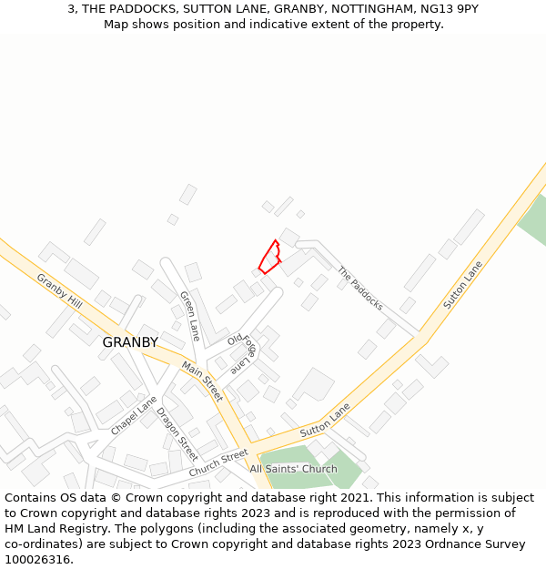 3, THE PADDOCKS, SUTTON LANE, GRANBY, NOTTINGHAM, NG13 9PY: Location map and indicative extent of plot