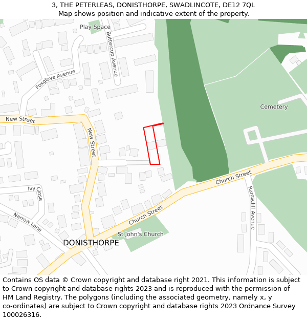 3, THE PETERLEAS, DONISTHORPE, SWADLINCOTE, DE12 7QL: Location map and indicative extent of plot