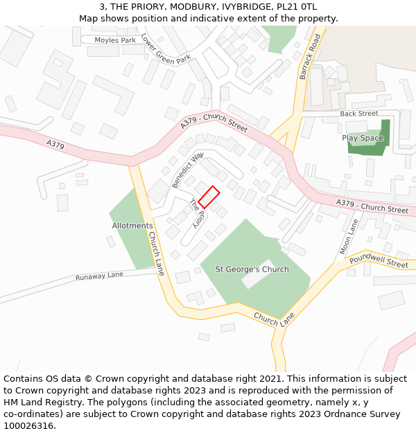 3, THE PRIORY, MODBURY, IVYBRIDGE, PL21 0TL: Location map and indicative extent of plot