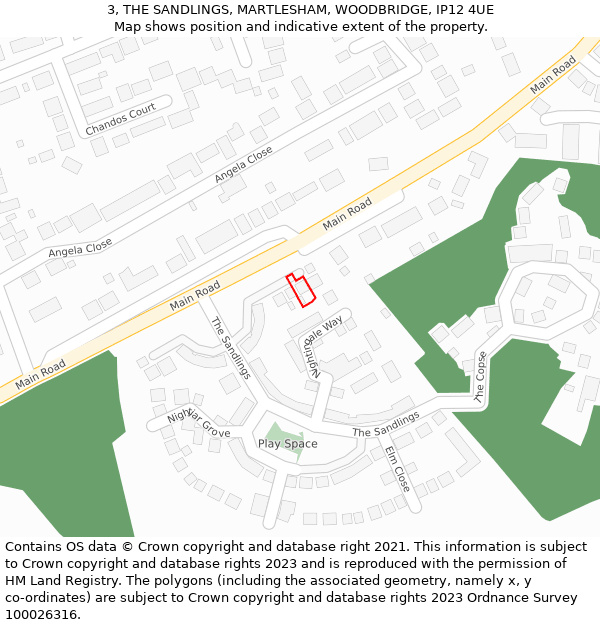 3, THE SANDLINGS, MARTLESHAM, WOODBRIDGE, IP12 4UE: Location map and indicative extent of plot