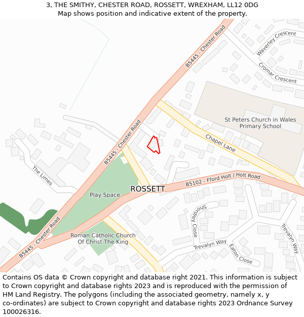 3, THE SMITHY, CHESTER ROAD, ROSSETT, WREXHAM, LL12 0DG: Location map and indicative extent of plot
