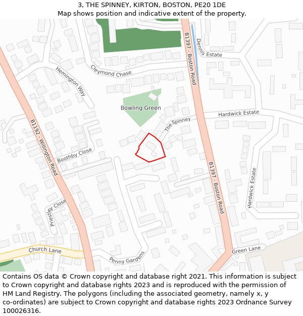 3, THE SPINNEY, KIRTON, BOSTON, PE20 1DE: Location map and indicative extent of plot